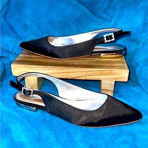 Black satin silver heel sling back flat size 5.5